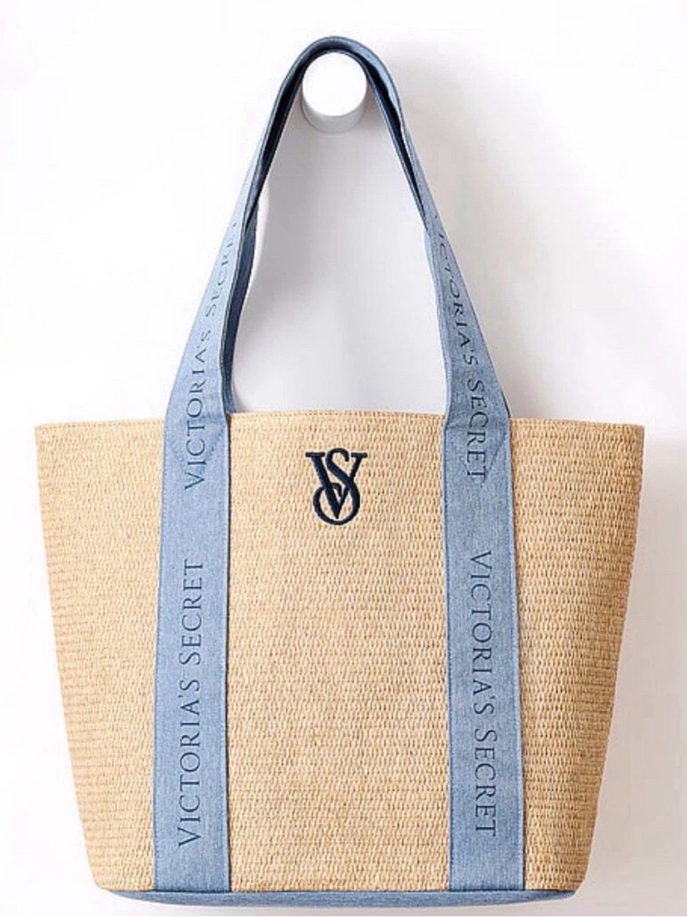 NWT Victoria's Secret Natural Straw Tote with Blue Denim Handles